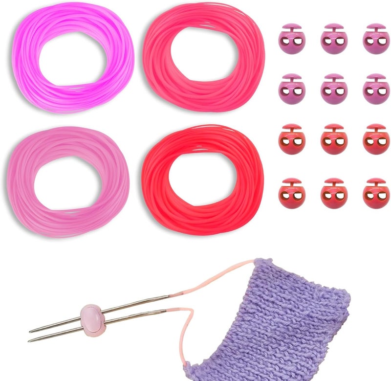 GeryVtee Cord Lock Kit Knitting Stitches Holder Barber Cord Stitch Markers Knit Stiches Keeper 12 Pcs Silicone Stitch Holders & 4 Rolls Round Barber Cords for Knitting Projects (Pink Style) - Image 1